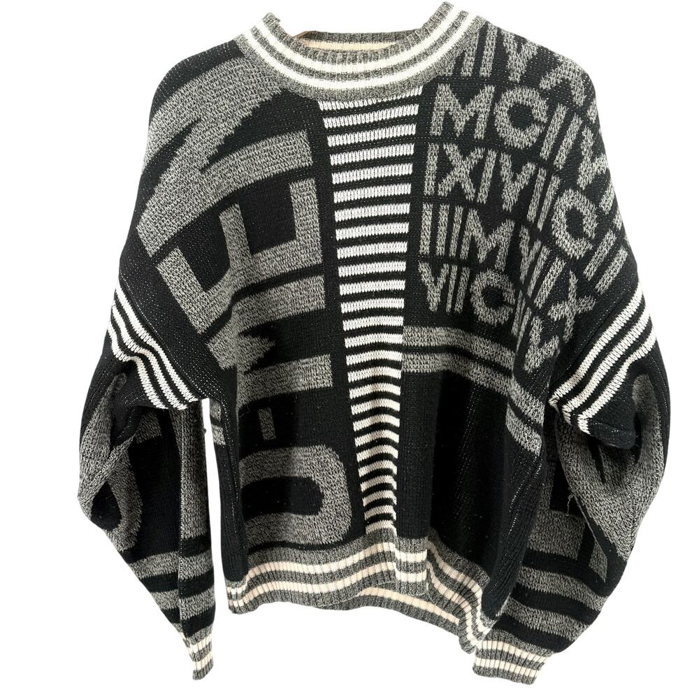 Vintage 80s Umen Black Gray Graphic Roman Numeral Geometric Knit Sweater